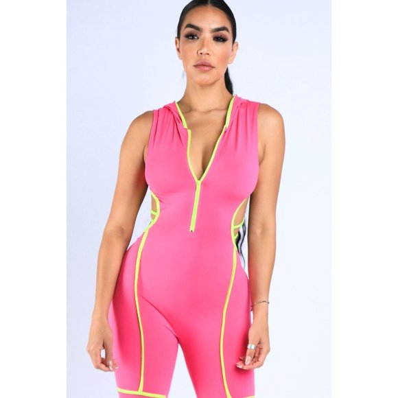 Women's Sleeveless Semi Zip-Up Spaghetti Line Hoodie Romper S M L Fuchsia - Picture 10 of 12